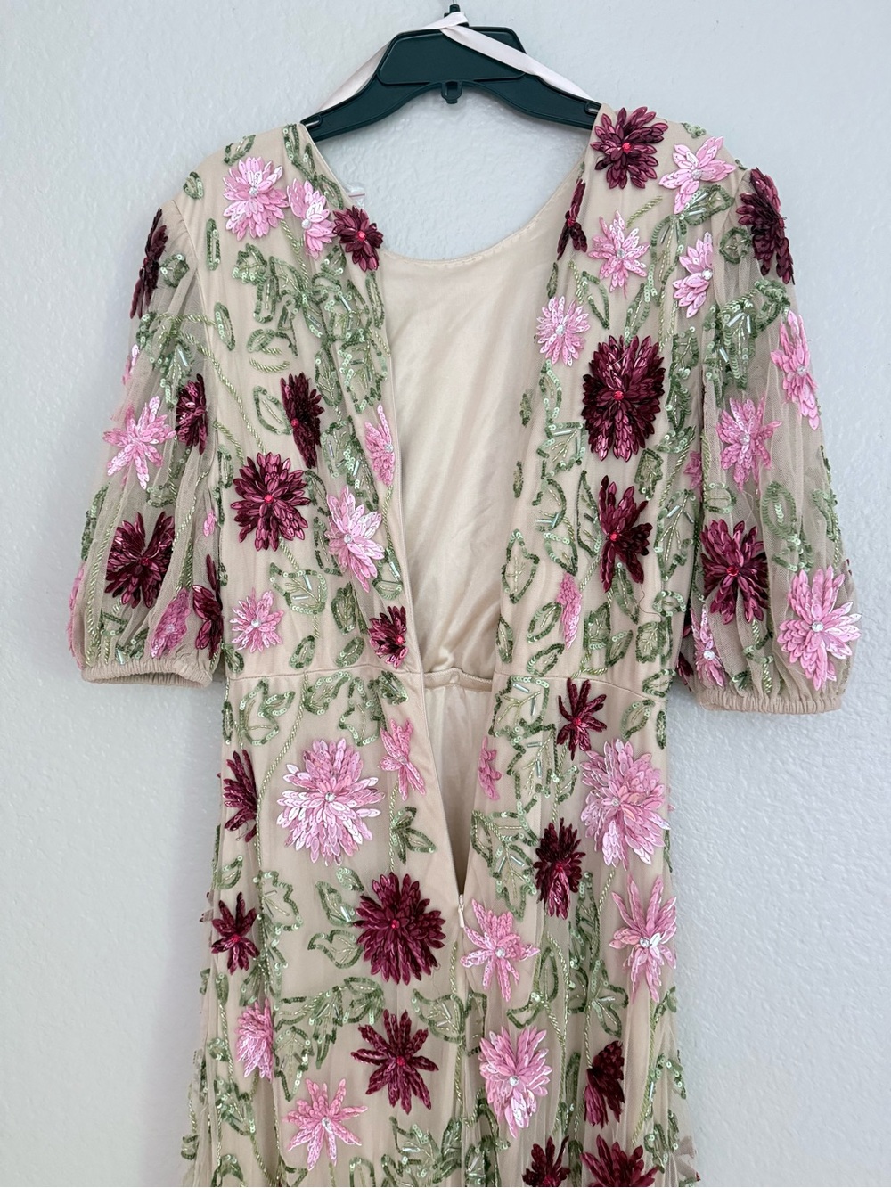 Mac Duggal Beige Maxi Dress with Pink & Burgundy Floral Embroidery - Picture 5 of 10